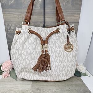 Michael Kors Vanilla Jet Set Marina Large Gathered Logo Tote Purse Shoulder Bag